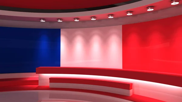电视演播室法国国旗背景 新闻演播室任何绿色屏幕或彩色键视频制作的背景 3D渲染 — 图库照片