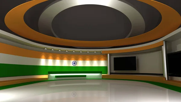 TV studio. Indian flag background. News studio. Background for any green screen or chroma key video production. 3d render. 3d