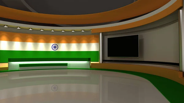 TV studio. Indian flag background. News studio. Background for any green screen or chroma key video production. 3d render. 3d