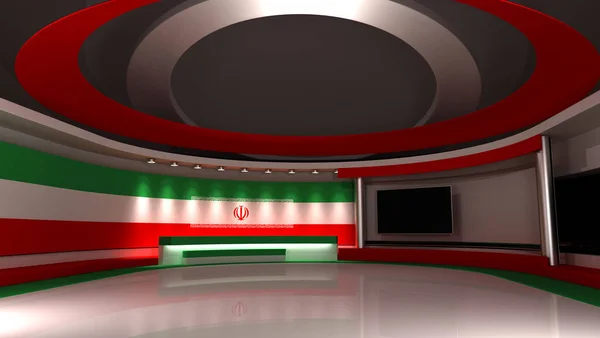 Studio Televisivo Iran Bandiera Iraniana Studio Giornalistico Sfondo Qualsiasi Schermo — Foto Stock