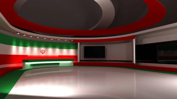 TV studio. Iran. Iranian flag. News studio. Background for any green screen or chroma key video production. 3d render. 3d