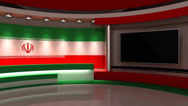 TV studio. Iran. Iranian flag. News studio. Background for any green screen or chroma key video production. 3d render. 3d