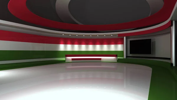 TV studio. Hungary. Hungary flag. News studio. Background for any green screen or chroma key video production. 3d render. 3d