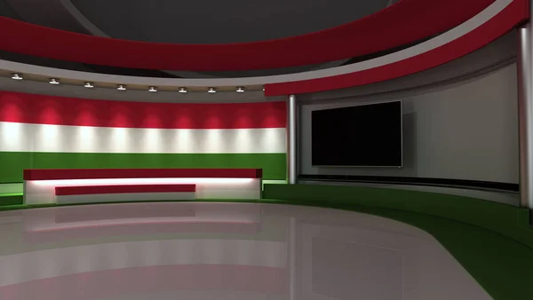 Studio Televisivo Ungheria Bandiera Ungherese Studio Giornalistico Sfondo Qualsiasi Schermo — Foto Stock