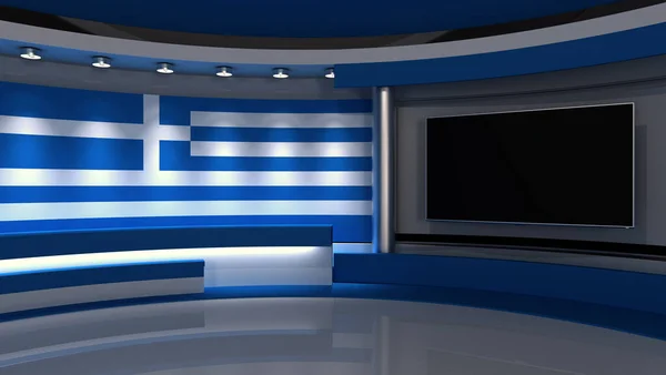 TV studio. Greece. Greek flag studio. Greek flag background. News studio. The perfect backdrop for any green screen or chroma key video or photo production. 3d render. 3