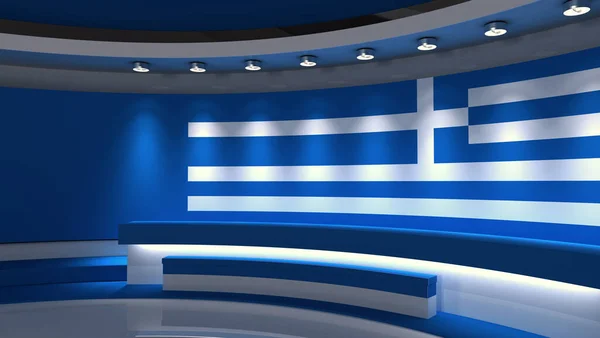 TV studio. Greece. Greek flag studio. Greek flag background. News studio. The perfect backdrop for any green screen or chroma key video or photo production. 3d render. 3