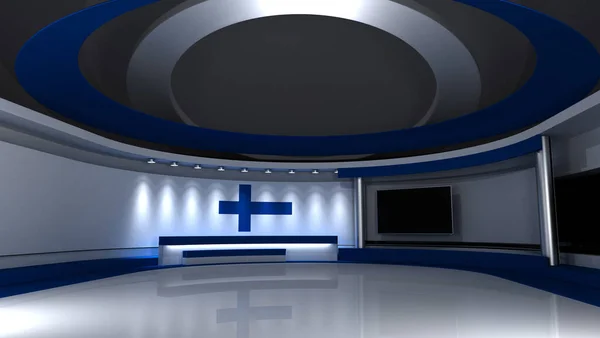 TV studio. Finnish flag studio. Finnish flag background. News studio. The perfect backdrop for any green screen or chroma key video or photo production. 3d render. 3