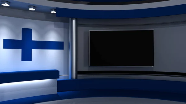 电视演播室芬兰国旗工作室 芬兰国旗背景 新闻演播室任何绿色屏幕或彩色键视频或照片制作的完美背景 3D渲染 — 图库照片