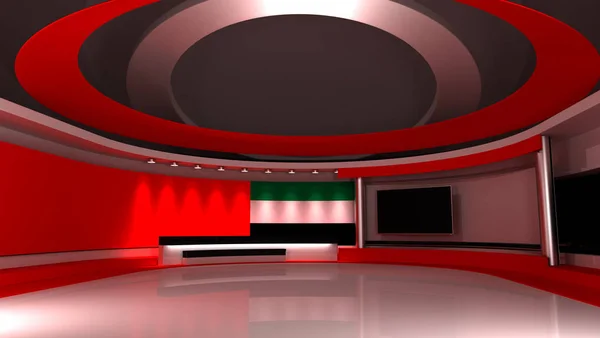 テレビスタジオ ドバイの旗スタジオ ドバイの旗の背景 ニューススタジオ 緑の画面やクロマキービデオや写真の生産のための完璧な背景 3Dレンダリング — ストック写真