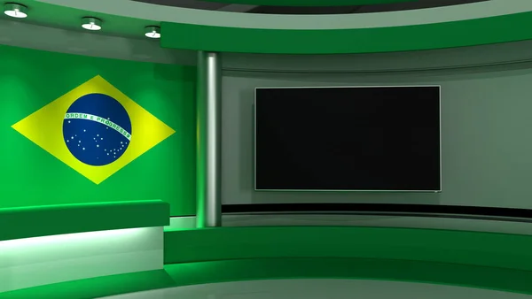 Στούντιο Τηλεόρασης Βραζιλιάνικο Στούντιο Σημαία Βραζιλίας Φόντο Στούντιο Ειδήσεων Τέλειο — Φωτογραφία Αρχείου