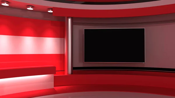 TV studio. Austria. Austrian flag. News studio. Background for any green screen or chroma key video production. 3d render. 3d