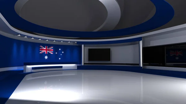 电视演播室澳大利亚 澳大利亚国旗 新闻演播室任何绿色屏幕或彩色键视频制作的背景 3D渲染 — 图库照片