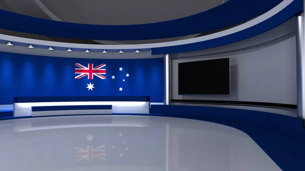 电视演播室澳大利亚 澳大利亚国旗 新闻演播室任何绿色屏幕或彩色键视频制作的背景 3D渲染 — 图库照片
