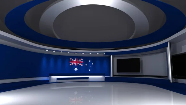 TV studio. Australia. Australian flag. News studio. Background for any green screen or chroma key video production. 3d render. 3d