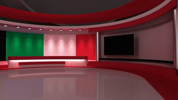 TV studio. Italy flag studio. Italy flag background. News studio. The perfect backdrop for any green screen or chroma key video or photo production. 3d render. 3