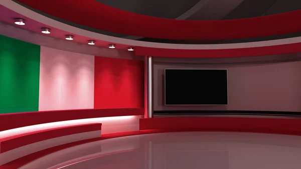 电视演播室意大利国旗工作室 意大利国旗背景 新闻演播室任何绿色屏幕或彩色键视频或照片制作的完美背景 3D渲染 — 图库照片