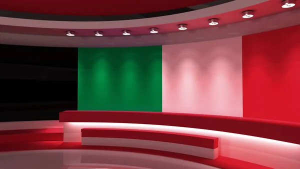 TV studio. Italy flag studio. Italy flag background. News studio. The perfect backdrop for any green screen or chroma key video or photo production. 3d render. 3