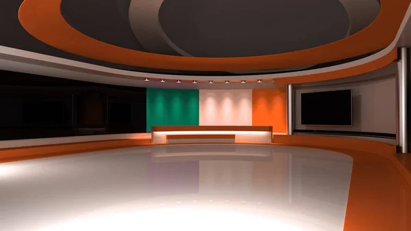 TV studio. Ireland. Irish flag. News studio. Background for any green screen or chroma key video production. 3d render. 3d