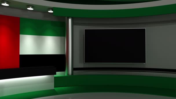 电视演播室迪拜 迪拜的国旗新闻演播室循环动画 任何绿色屏幕或彩色键视频制作的背景 3D渲染 — 图库视频影像