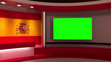Televizyon stüdyosu. İsviçre. İsviçre bayrağı. Haber stüdyosu. Döngü animasyonu. Herhangi bir yeşil ekran veya krom anahtar video prodüksiyonu için arka plan. 3 boyutlu görüntüleme. 3d