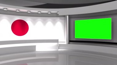 Televizyon stüdyosu. Japon bayrağı geçmişi. Haber stüdyosu. Döngü animasyonu. Herhangi bir yeşil ekran veya krom anahtar video prodüksiyonu için arka plan. 3 boyutlu görüntüleme. 3d