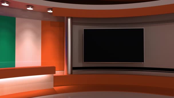 电视演播室爱尔兰 爱尔兰国旗新闻演播室循环动画 任何绿色屏幕或彩色键视频制作的背景 3D渲染 — 图库视频影像