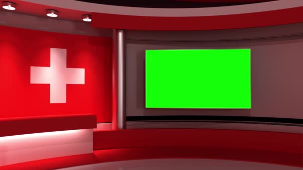 テレビスタジオ スイスだ スイスの国旗 ニューススタジオ ループアニメーション 緑色の画面またはクロマキービデオ制作の背景 3Dレンダリング — ストック動画