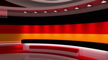 Televizyon stüdyosu. Almanya. Alman bayrağı. Haber stüdyosu. Döngü animasyonu. Herhangi bir yeşil ekran veya krom anahtar video prodüksiyonu için arka plan. 3 boyutlu görüntüleme. 3d