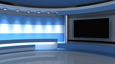 Televizyon stüdyosu. Arjantin. Arjantin bayrağı. Haber stüdyosu. Döngü animasyonu. Herhangi bir yeşil ekran veya krom anahtar video prodüksiyonu için arka plan. 3 boyutlu görüntüleme. 3d