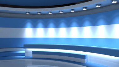 Televizyon stüdyosu. Arjantin. Arjantin bayrağı. Haber stüdyosu. Döngü animasyonu. Herhangi bir yeşil ekran veya krom anahtar video prodüksiyonu için arka plan. 3 boyutlu görüntüleme. 3d
