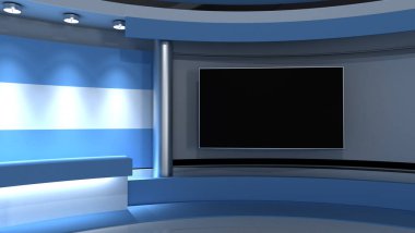 Televizyon stüdyosu. Arjantin. Arjantin bayrağı. Haber stüdyosu. Döngü animasyonu. Herhangi bir yeşil ekran veya krom anahtar video prodüksiyonu için arka plan. 3 boyutlu görüntüleme. 3d