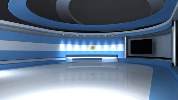 TV studio. Argentina. Argentine flag. News studio. Loop animation. Background for any green screen or chroma key video production. 3d render. 3d