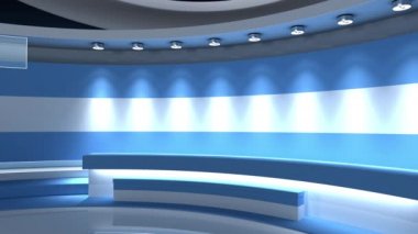 Televizyon stüdyosu. Döngü animasyonu. Haber stüdyosu. Herhangi bir yeşil ekran veya krom anahtar video prodüksiyonu için arka plan. 3 boyutlu görüntüleme. 3d