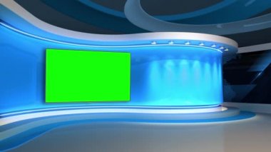 Televizyon stüdyosu. Haber odası. Stüdyo Arkaplanı. Mavi. Haber odası fırını. Kontrol odası. Herhangi bir yeşil ekran veya krom anahtar video prodüksiyonu için arkaplan. TV istasyonundaki stüdyoda bulanıklık. Döngü. 3B görüntüleme. 