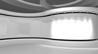 Televizyon stüdyosu. Döngü animasyonu. Beyaz stüdyo. Beyaz arka plan. Herhangi bir yeşil ekran veya krom anahtar video prodüksiyonu için arkaplan. 3 boyutlu görüntüleme. 3d