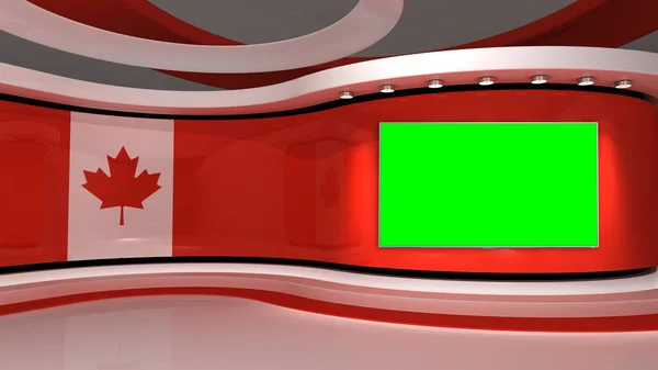 TV studio. Canada flag studio. Canada flag background. News studio. The perfect backdrop for any green screen or chroma key video or photo production. 3d render. 3