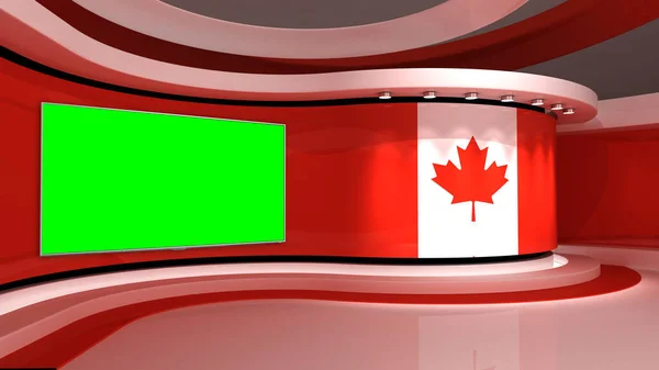 TV studio. Canada flag studio. Canada flag background. News studio. The perfect backdrop for any green screen or chroma key video or photo production. 3d render. 3