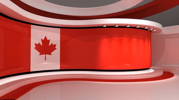 TV studio. Canada flag studio. Canada flag background. News studio. The perfect backdrop for any green screen or chroma key video or photo production. 3d render. 3