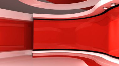 Televizyon stüdyosu. Kırmızı Stüdyo. Kırmızı zemin. Haber stüdyosu. Haber odası. Herhangi bir yeşil ekran, krom anahtar video veya fotoğraf çekimi için mükemmel bir zemin. Son dakika haberi. 3d oluşturma.