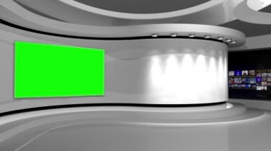 Beyaz arka plan. Televizyon stüdyosu. Döngü animasyonu. Beyaz stüdyo. Herhangi bir yeşil ekran veya krom anahtar video prodüksiyonu için arkaplan. 3 boyutlu görüntüleme. 3d