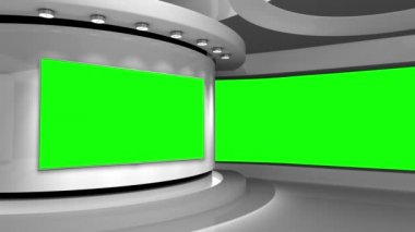 Beyaz arka plan. Televizyon stüdyosu. Döngü animasyonu. Beyaz stüdyo. Herhangi bir yeşil ekran veya krom anahtar video prodüksiyonu için arkaplan. 3 boyutlu görüntüleme. 3d