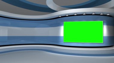 Televizyon stüdyosu. Açık mavi arkaplan. Döngü animasyonu. Haber stüdyosu. Herhangi bir yeşil ekran veya krom anahtar video prodüksiyonu için arka plan. 3 boyutlu görüntüleme. 3d