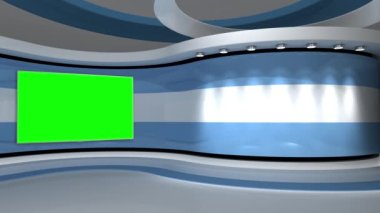 Televizyon stüdyosu. Açık mavi arkaplan. Döngü animasyonu. Haber stüdyosu. Herhangi bir yeşil ekran veya krom anahtar video prodüksiyonu için arka plan. 3 boyutlu görüntüleme. 3d