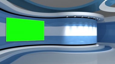 Televizyon stüdyosu. Açık mavi arkaplan. Döngü animasyonu. Haber stüdyosu. Herhangi bir yeşil ekran veya krom anahtar video prodüksiyonu için arka plan. 3 boyutlu görüntüleme. 3d