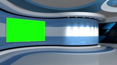 Televizyon stüdyosu. Açık mavi arkaplan. Döngü animasyonu. Haber stüdyosu. Herhangi bir yeşil ekran veya krom anahtar video prodüksiyonu için arka plan. 3 boyutlu görüntüleme. 3d