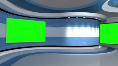 Televizyon stüdyosu. Açık mavi arkaplan. Döngü animasyonu. Haber stüdyosu. Herhangi bir yeşil ekran veya krom anahtar video prodüksiyonu için arka plan. 3 boyutlu görüntüleme. 3d
