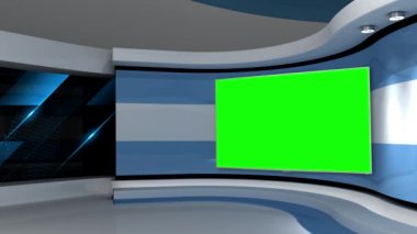 Televizyon stüdyosu. Açık mavi arkaplan. Döngü animasyonu. Haber stüdyosu. Herhangi bir yeşil ekran veya krom anahtar video prodüksiyonu için arka plan. 3 boyutlu görüntüleme. 3d