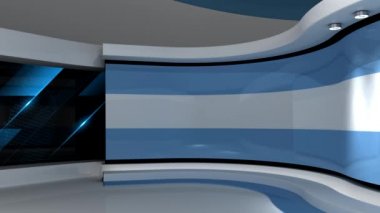Televizyon stüdyosu. Açık mavi arkaplan. Döngü animasyonu. Haber stüdyosu. Herhangi bir yeşil ekran veya krom anahtar video prodüksiyonu için arka plan. 3 boyutlu görüntüleme. 3d