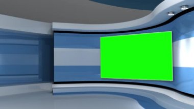 Televizyon stüdyosu. Açık mavi arkaplan. Döngü animasyonu. Haber stüdyosu. Herhangi bir yeşil ekran veya krom anahtar video prodüksiyonu için arka plan. 3 boyutlu görüntüleme. 3d