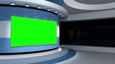 Televizyon stüdyosu. Açık mavi arkaplan. Döngü animasyonu. Haber stüdyosu. Herhangi bir yeşil ekran veya krom anahtar video prodüksiyonu için arka plan. 3 boyutlu görüntüleme. 3d